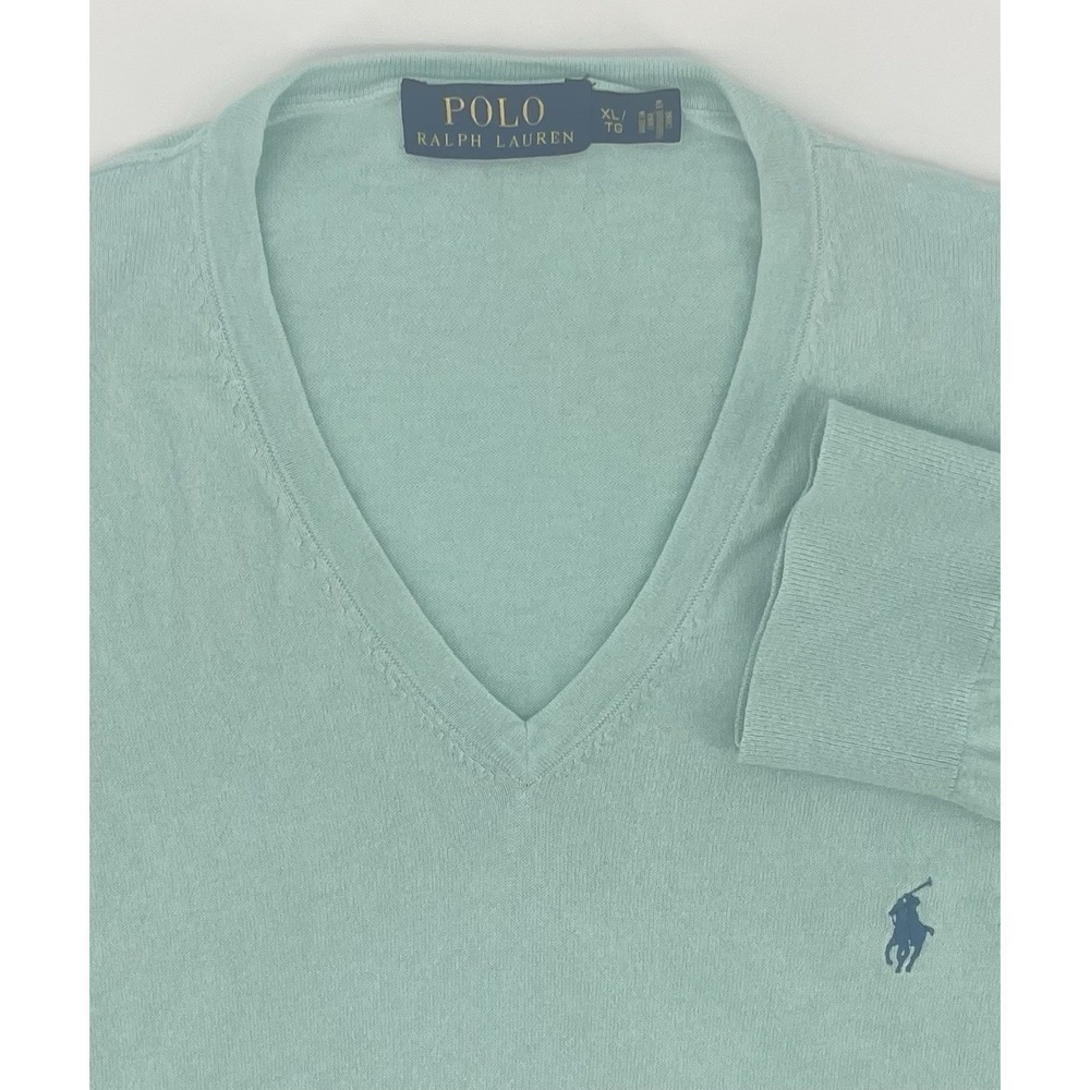 Polo Ralph Lauren Sweater Mens XL Mint Green Cotton Cashmere V-Neck Quiet Luxury